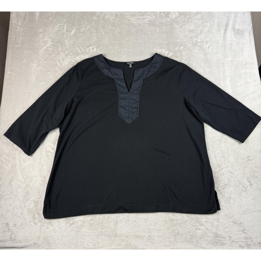 Lauren Ralph Lauren Shirt Womens 3X Black Cotton V Neck Tunic Top Preppy Classic